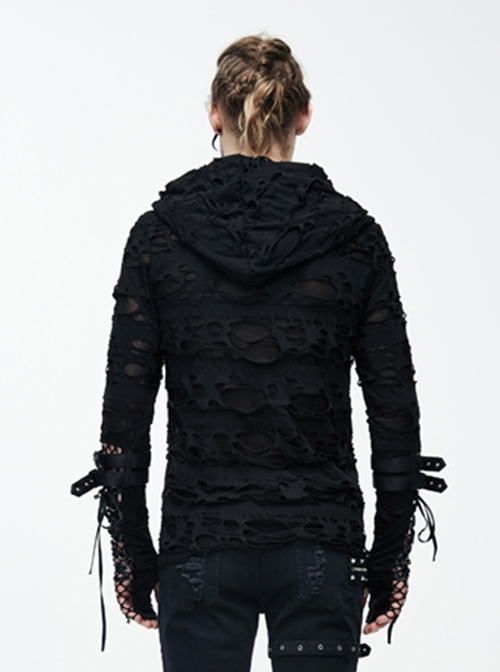 Steampunk Street Rock Style Broken Hole Element Black Long Sleeve T-Shirt