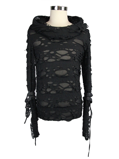 Steampunk Street Rock Style Broken Hole Element Black Long Sleeve T-Shirt