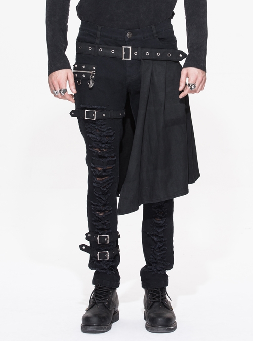 Steampunk Gothic Slim Fit Broken Hole Men's Trousers With Detachable Waist Seal
