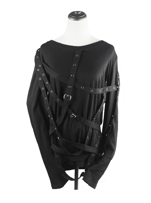 Steampunk Pure Black Round Collar Long Sleeve T-shirt