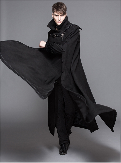 Punk Gothic Black Thickened Detachable Shawl Men's Long Coat