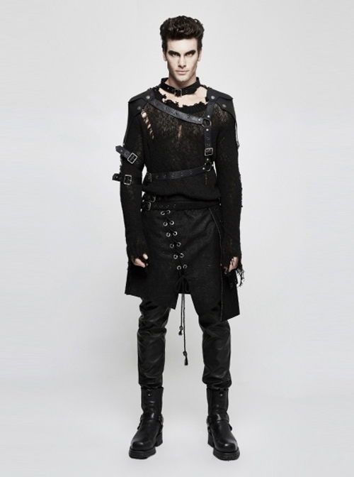 Punk Black Men's Gothic Irregular Suede Skirt