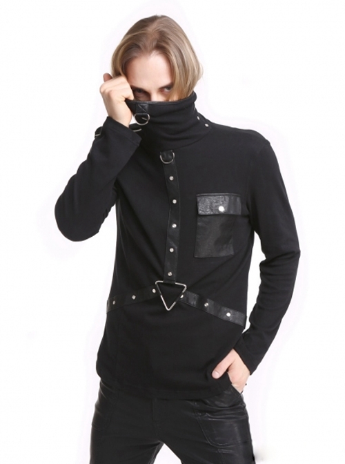 Punk Black Metal Ring Men's Gothic High-Necked Shirt