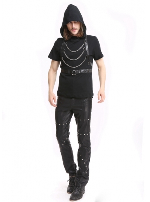 Punk Black Hooded Chain Gothic Men's Short Sleeves Shirt
