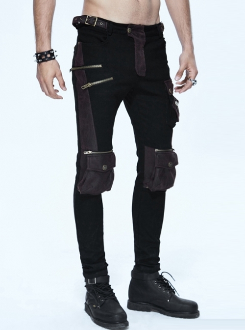 Punk Black And Coffee Men's Gothic Pockets Trousers