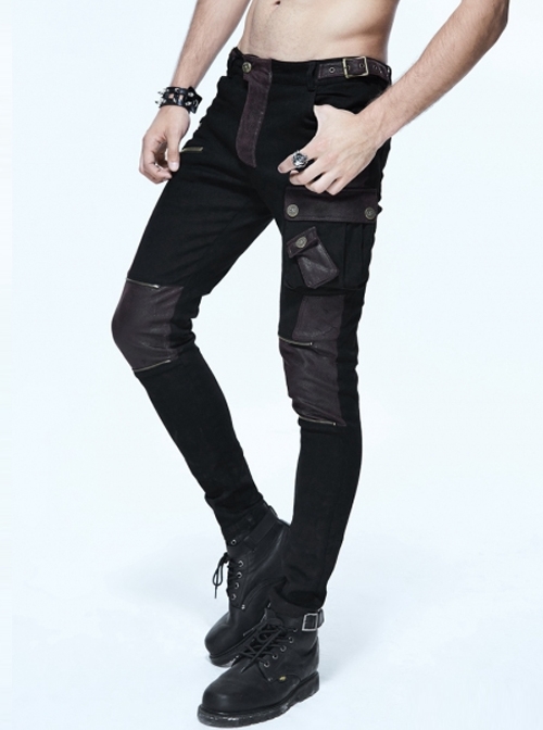 Punk Black And Coffee Men's Gothic Pockets Trousers