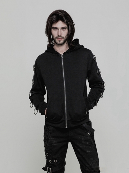 Punk Black Metal Rings Men's Gothic Hoodie Coat