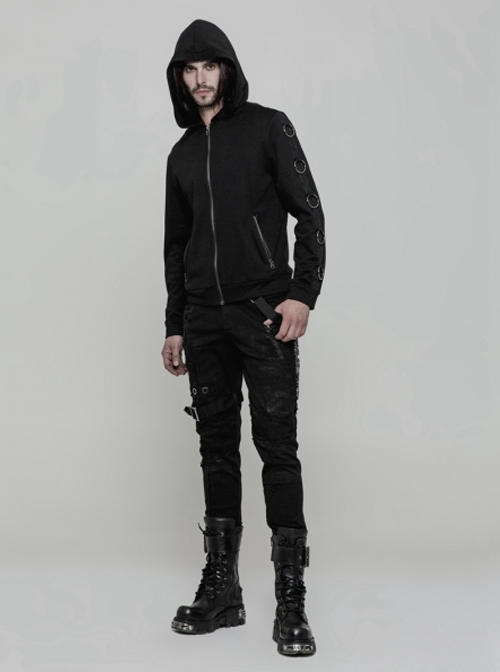 Punk Black Metal Rings Men's Gothic Hoodie Coat