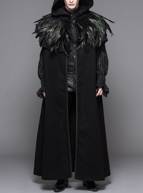 Punk Gothic Hooded Thickened Detachable Feathered Shawl Men's Long Coat