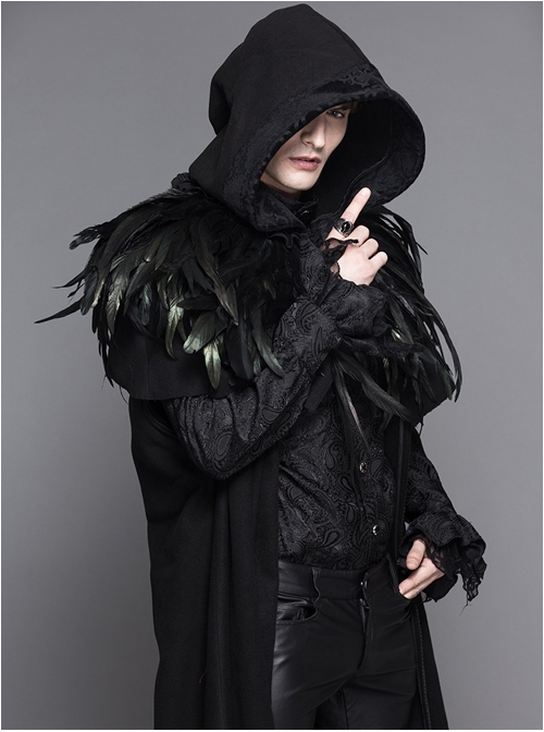 Punk Gothic Hooded Thickened Detachable Feathered Shawl Men's Long Coat ...