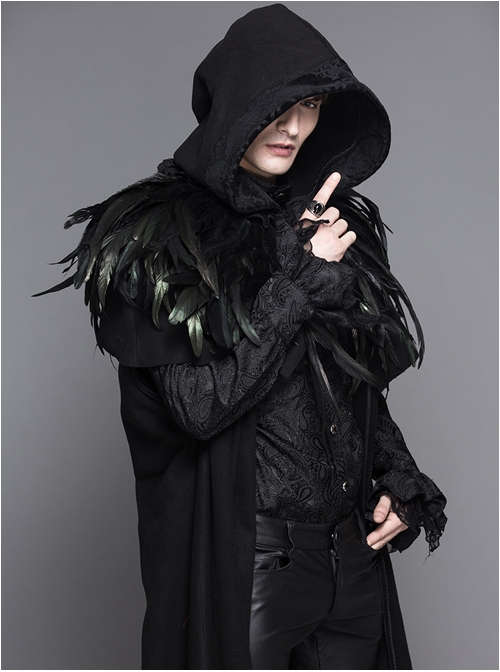 Punk Gothic Hooded Thickened Detachable Feathered Shawl Men's Long Coat