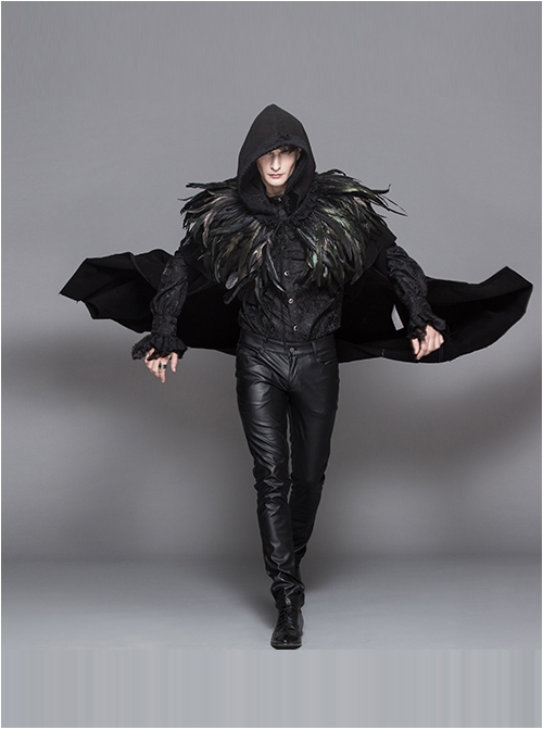 Punk Gothic Hooded Thickened Detachable Feathered Shawl Men's Long Coat