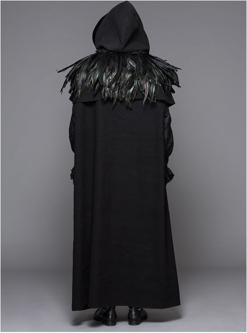 Punk Gothic Hooded Thickened Detachable Feathered Shawl Men's Long Coat