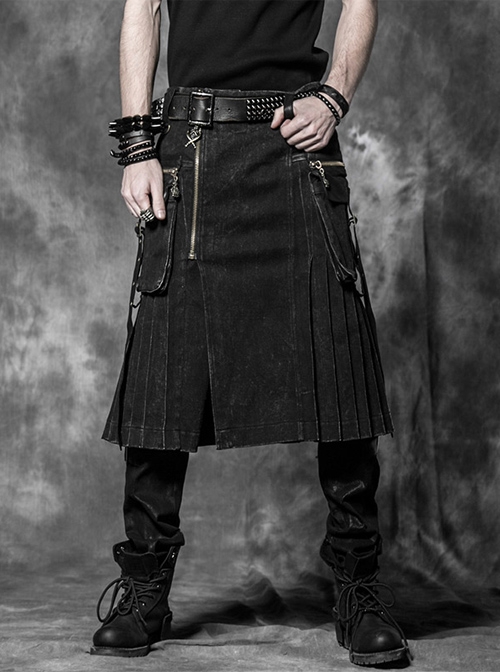 Punk Cotton Denim Pure Black Or Grid Men's skirt
