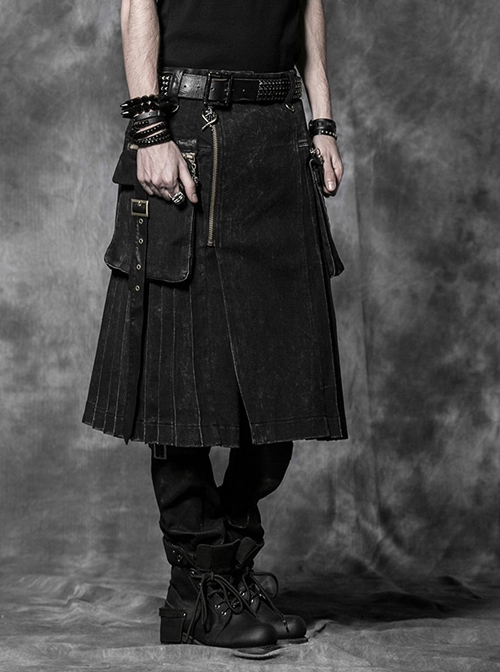 Punk Cotton Denim Pure Black Or Grid Men's skirt