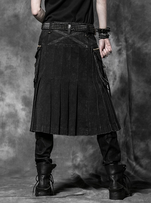 Punk Cotton Denim Pure Black Or Grid Men's skirt
