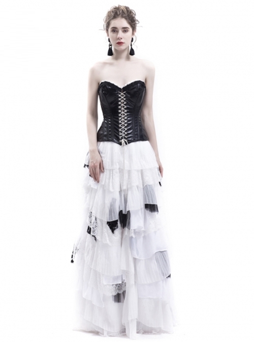 Gothic Punk Romantic White And Black Prom Party Long Dress