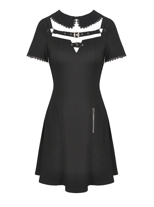 Punk Locomotive Hollow Out Doll Collar Rebel Black Short Sleeve Dress