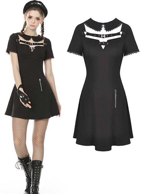 Punk Locomotive Hollow Out Doll Collar Rebel Black Short Sleeve Dress