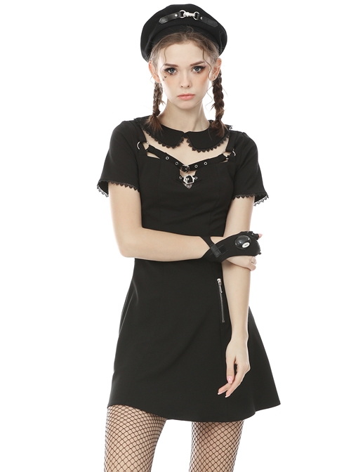 Punk Locomotive Hollow Out Doll Collar Rebel Black Short Sleeve Dress