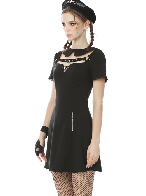 Punk Locomotive Hollow Out Doll Collar Rebel Black Short Sleeve Dress