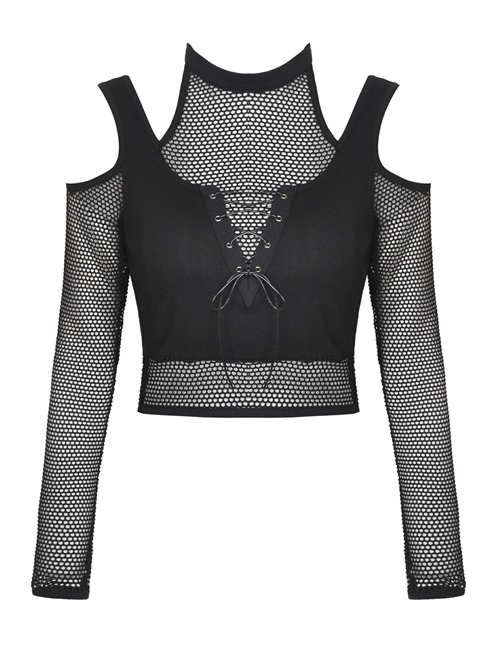 Street Punk Off Shoulder Mesh Splicing Long Sleeve T-shirt