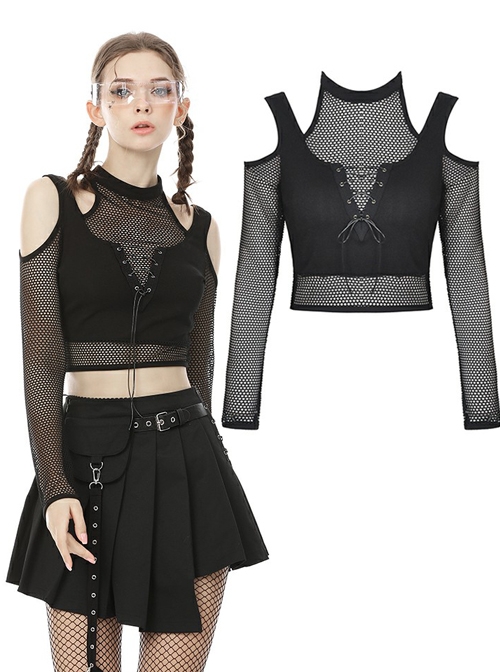 Street Punk Off Shoulder Mesh Splicing Long Sleeve T-shirt