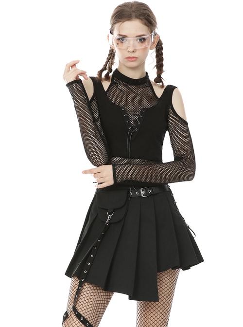 Street Punk Off Shoulder Mesh Splicing Long Sleeve T-shirt