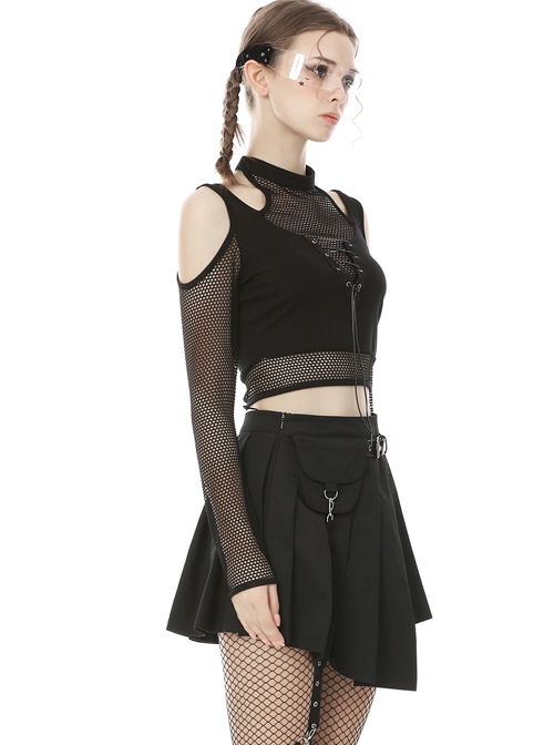Street Punk Off Shoulder Mesh Splicing Long Sleeve T-shirt