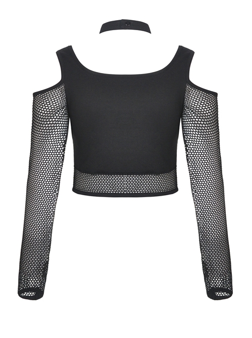 Street Punk Off Shoulder Mesh Splicing Long Sleeve T-shirt