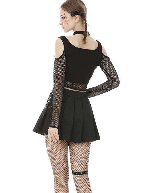 Street Punk Off Shoulder Mesh Splicing Long Sleeve T-shirt