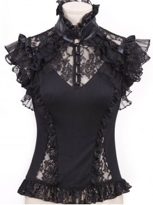 Steampunk Gothic Black Slim Lace High Collar Sleeveless Short Shirt