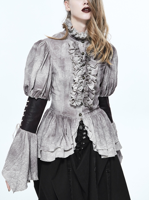 Steampunk Victorian Gray Ruffle High Collar Retro Personality Lace-up Do The Old Slim Shirt
