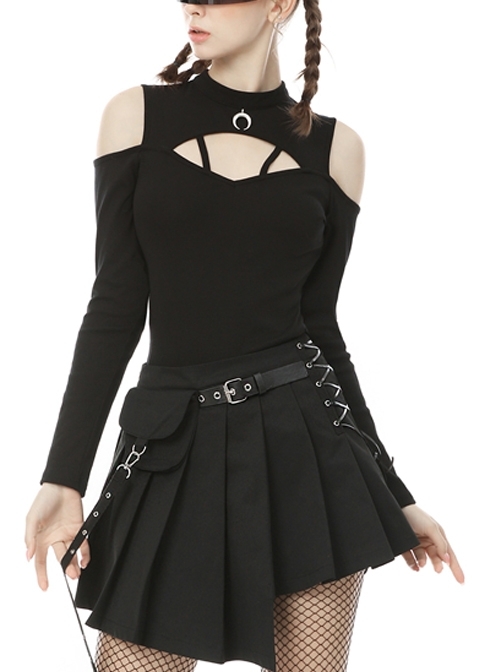 Crescent Pendant Punk Rock Black Slim Long Sleeve Top