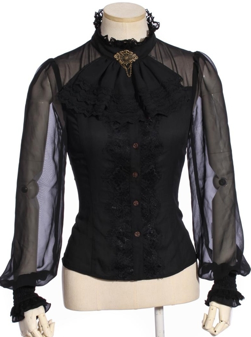 Steampunk Black Lace Ruffle Lantern Sleeves Long Sleeve Shirt With Collar Knot