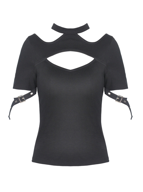 Punk Street Sexy Hollow Out Fashion Black Slim Short Sleeve T-shirt
