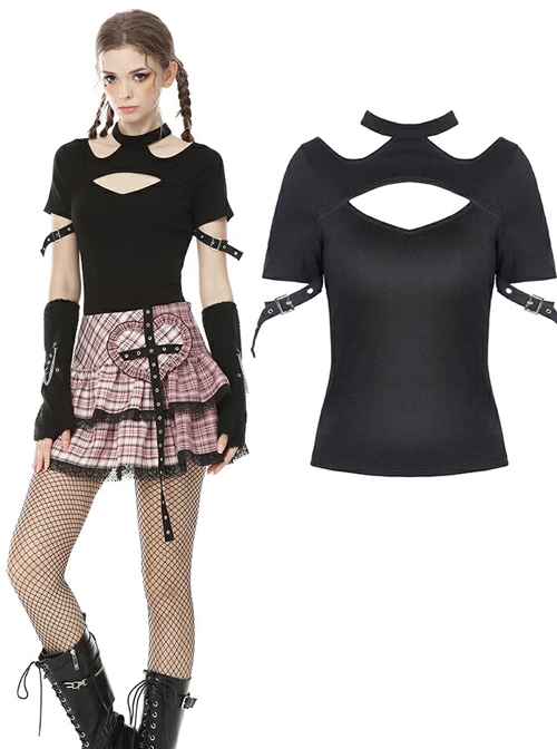 Punk Street Sexy Hollow Out Fashion Black Slim Short Sleeve T-shirt