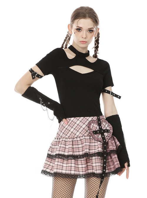 Punk Street Sexy Hollow Out Fashion Black Slim Short Sleeve T-shirt