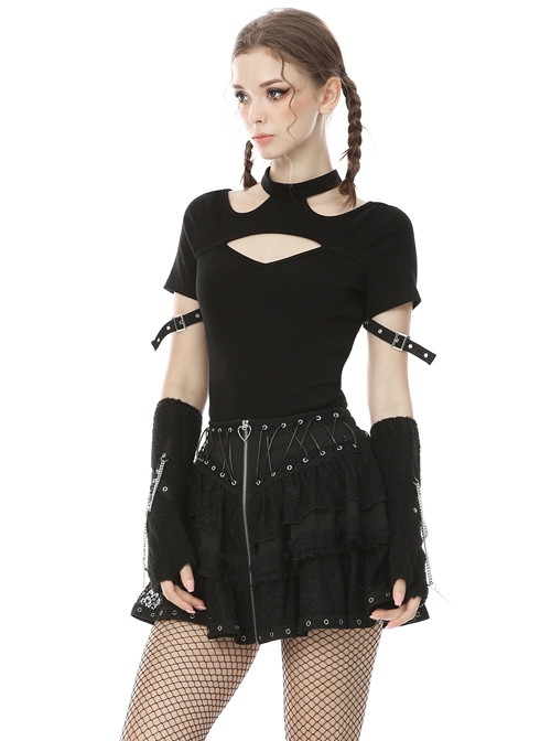 Punk Street Sexy Hollow Out Fashion Black Slim Short Sleeve T-shirt