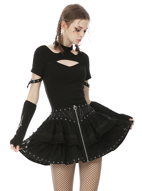 Punk Street Sexy Hollow Out Fashion Black Slim Short Sleeve T-shirt