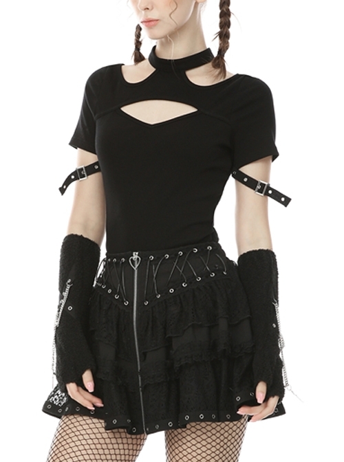 Punk Street Sexy Hollow Out Fashion Black Slim Short Sleeve T-shirt