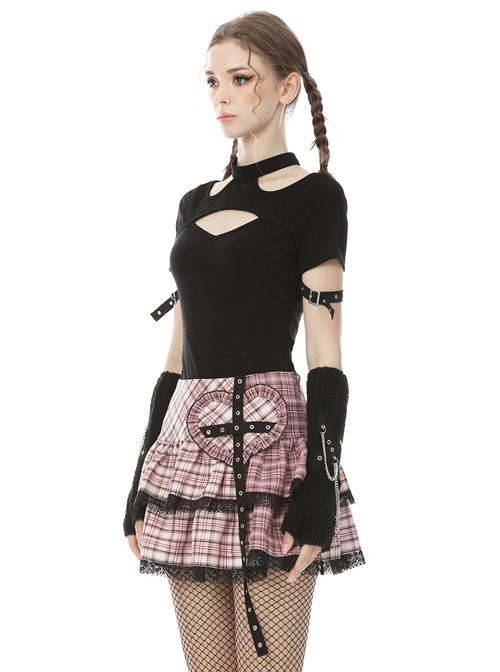 Punk Street Sexy Hollow Out Fashion Black Slim Short Sleeve T-shirt