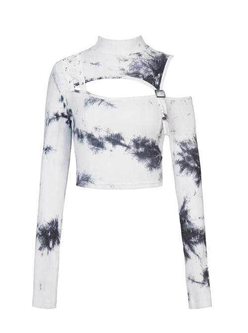 Punk White T-shirt Irregular Tie-dye Long Sleeve Crop-top
