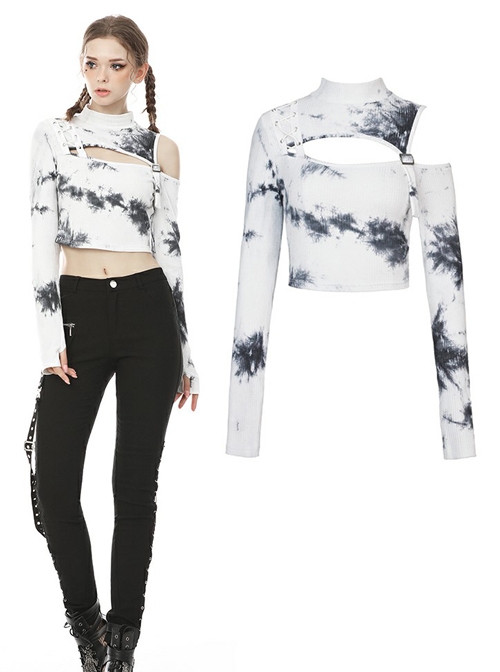 Punk White T-shirt Irregular Tie-dye Long Sleeve Crop-top