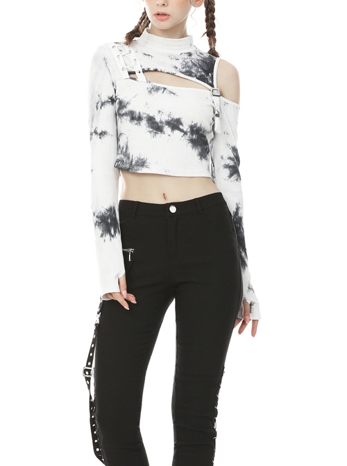 Punk White T-shirt Irregular Tie-dye Long Sleeve Crop-top