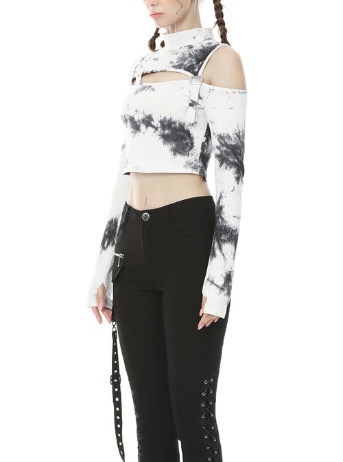 Punk White T-shirt Irregular Tie-dye Long Sleeve Crop-top
