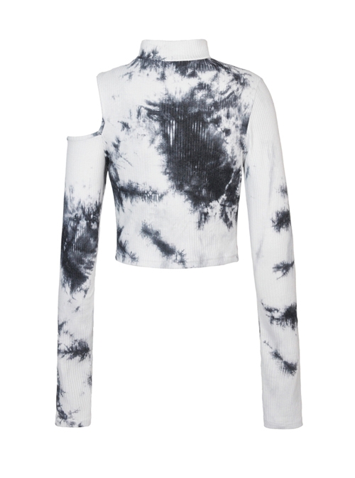Punk White T-shirt Irregular Tie-dye Long Sleeve Crop-top