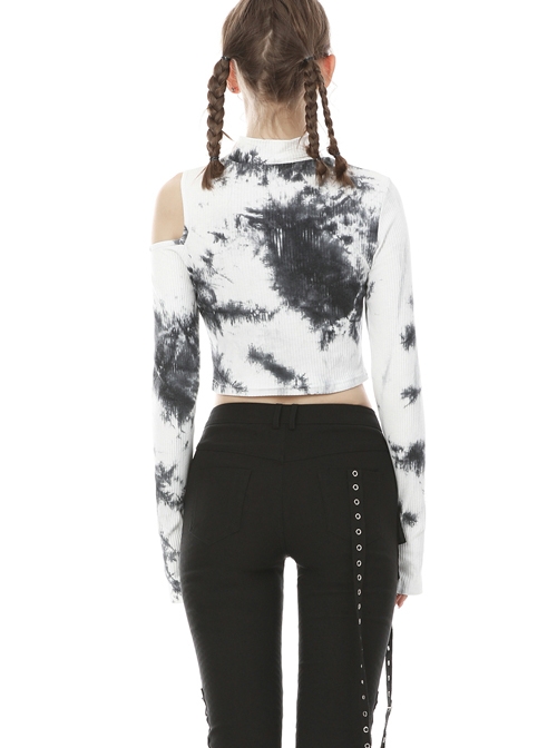 Punk White T-shirt Irregular Tie-dye Long Sleeve Crop-top
