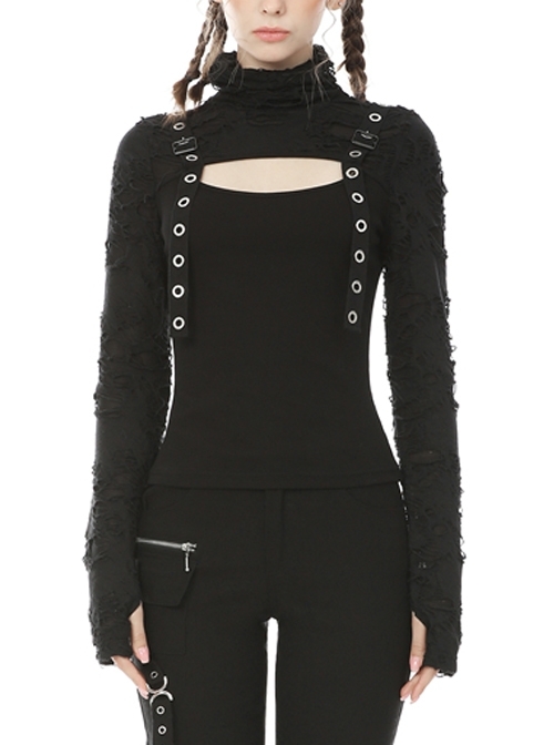 Punk Black High Collar Hole Long Sleeve T-shirt
