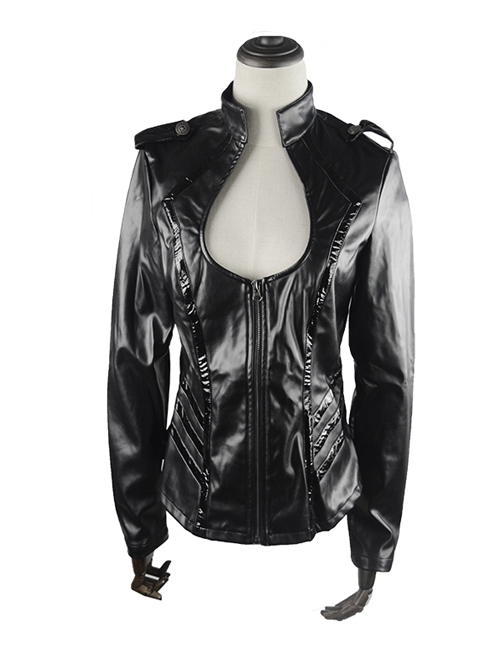 Punk Gothic Black Low-cut Sexy Thin Military Uniform Leather Jacket